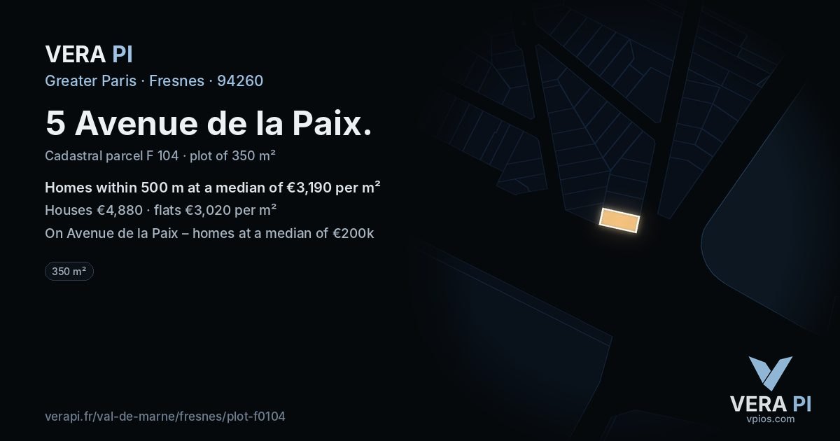 5 Avenue de la Paix, Fresnes at night – the plot lit, the parcels around coloured by the prices near them