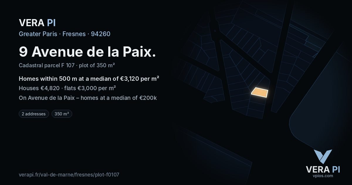 9 Avenue de la Paix, Fresnes at night – the plot lit, the parcels around coloured by the prices near them