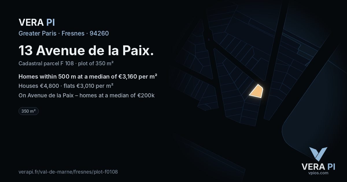 13 Avenue de la Paix, Fresnes at night – the plot lit, the parcels around coloured by the prices near them