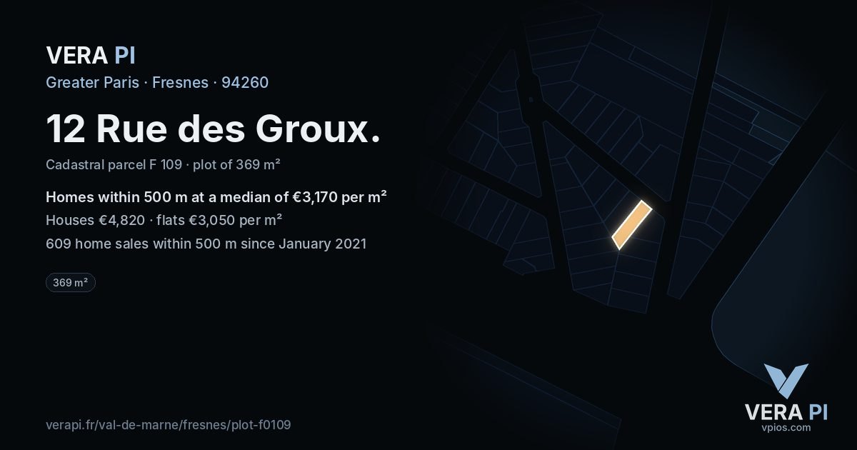 12 Rue des Groux, Fresnes at night – the plot lit, the parcels around coloured by the prices near them