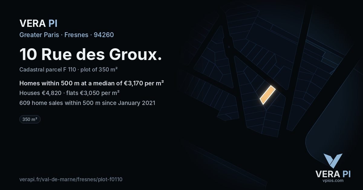 10 Rue des Groux, Fresnes at night – the plot lit, the parcels around coloured by the prices near them