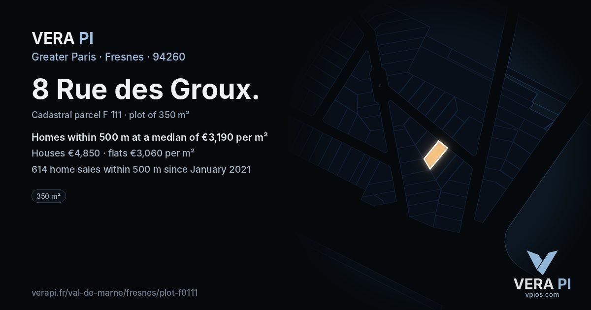 8 Rue des Groux, Fresnes at night – the plot lit, the parcels around coloured by the prices near them