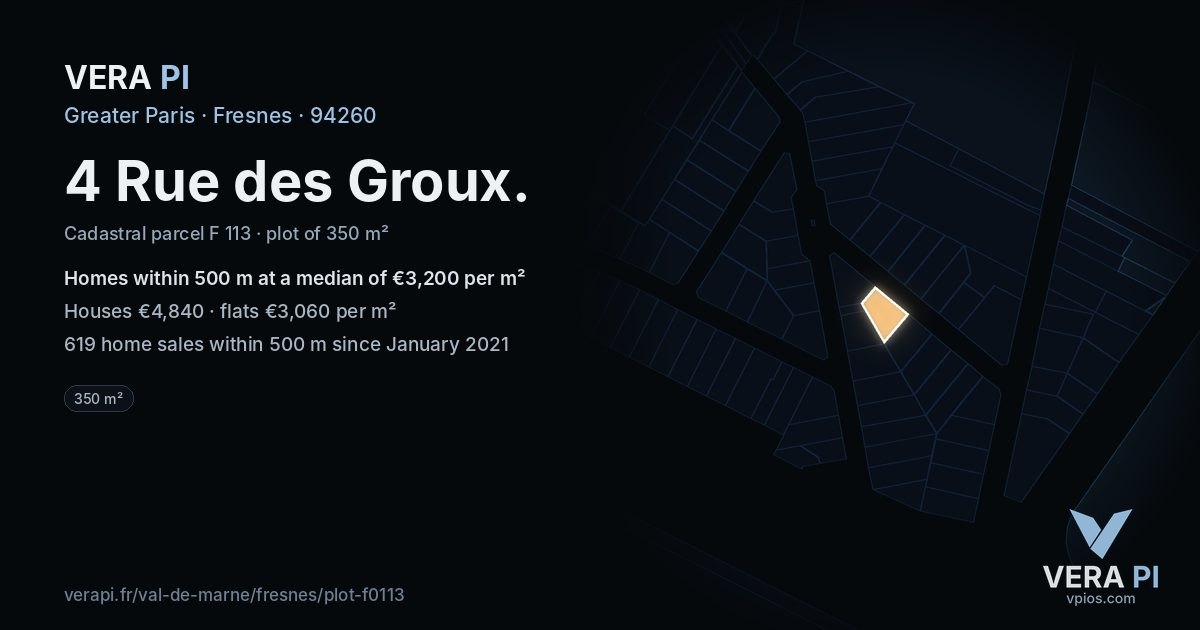 4 Rue des Groux, Fresnes at night – the plot lit, the parcels around coloured by the prices near them
