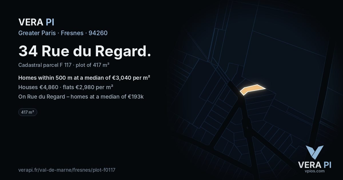 34 Rue du Regard, Fresnes at night – the plot lit, the parcels around coloured by the prices near them