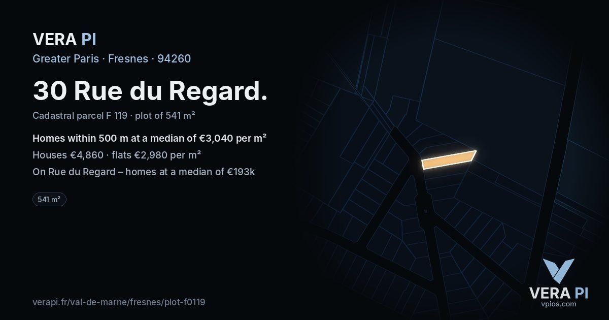30 Rue du Regard, Fresnes at night – the plot lit, the parcels around coloured by the prices near them