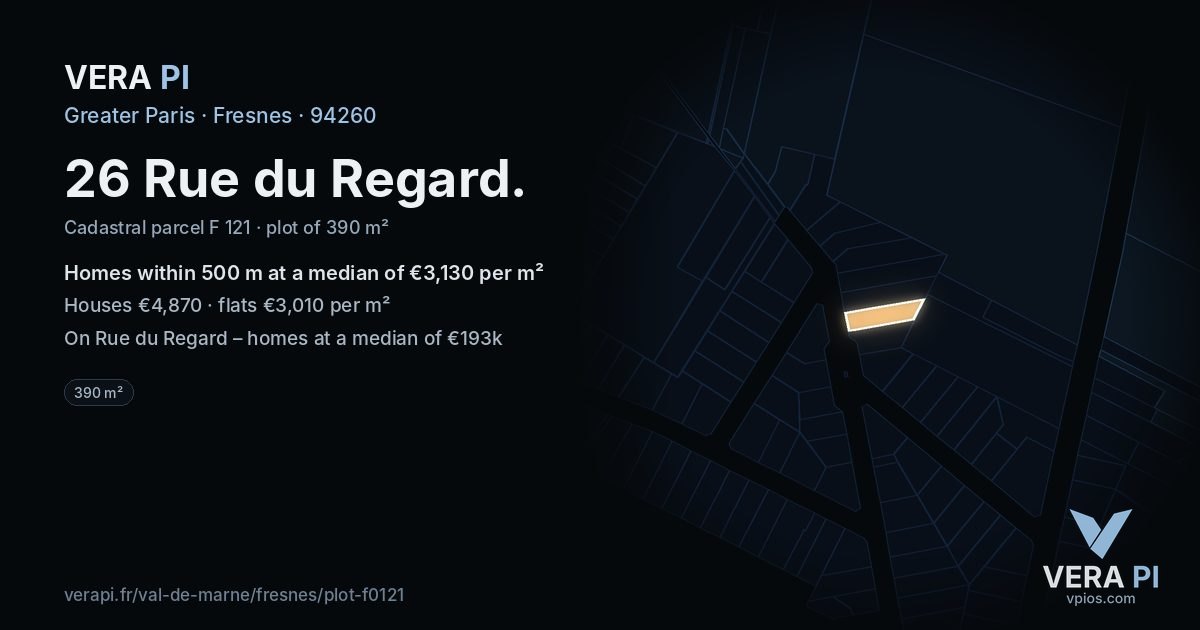 26 Rue du Regard, Fresnes at night – the plot lit, the parcels around coloured by the prices near them