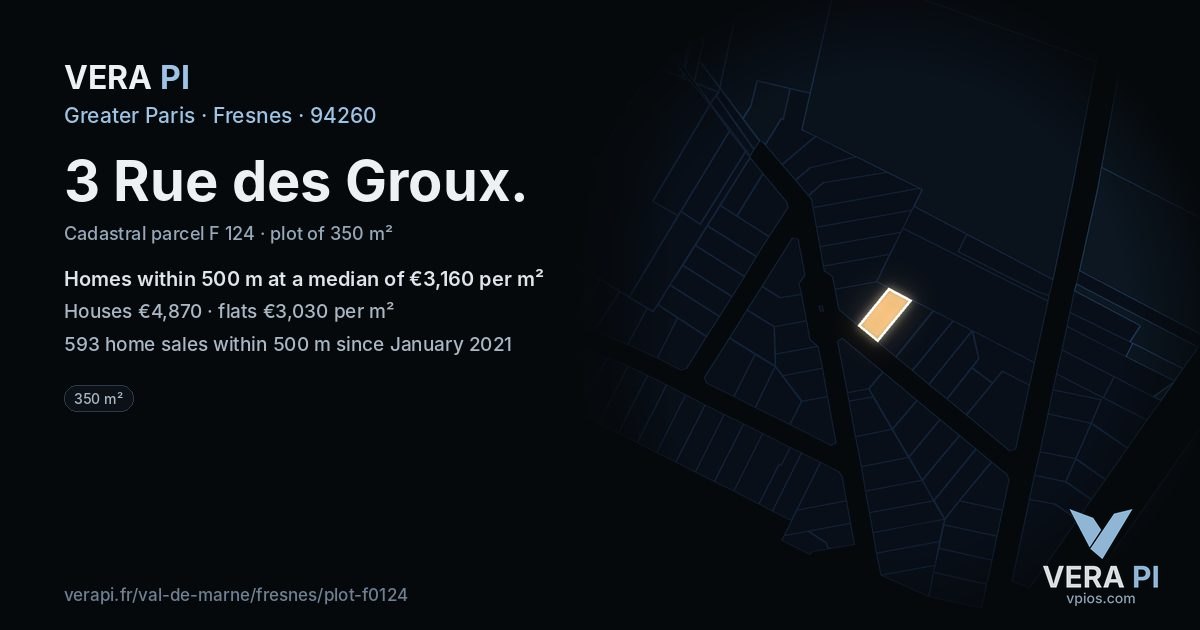 3 Rue des Groux, Fresnes at night – the plot lit, the parcels around coloured by the prices near them