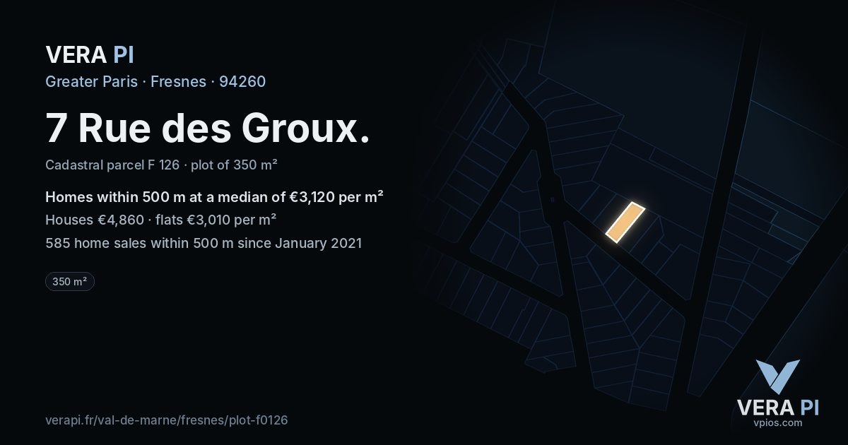 7 Rue des Groux, Fresnes at night – the plot lit, the parcels around coloured by the prices near them