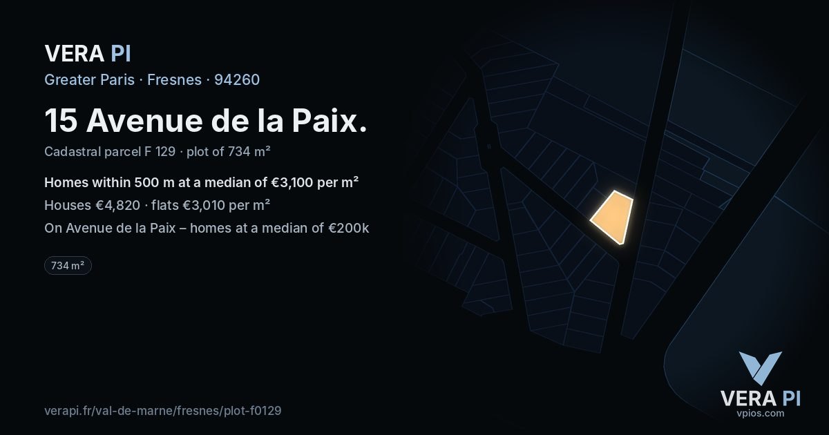 15 Avenue de la Paix, Fresnes at night – the plot lit, the parcels around coloured by the prices near them