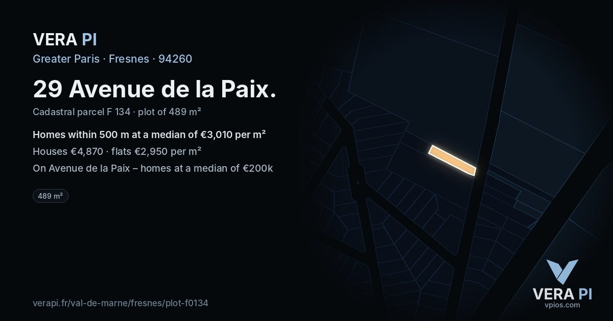 29 Avenue de la Paix, Fresnes at night – the plot lit, the parcels around coloured by the prices near them
