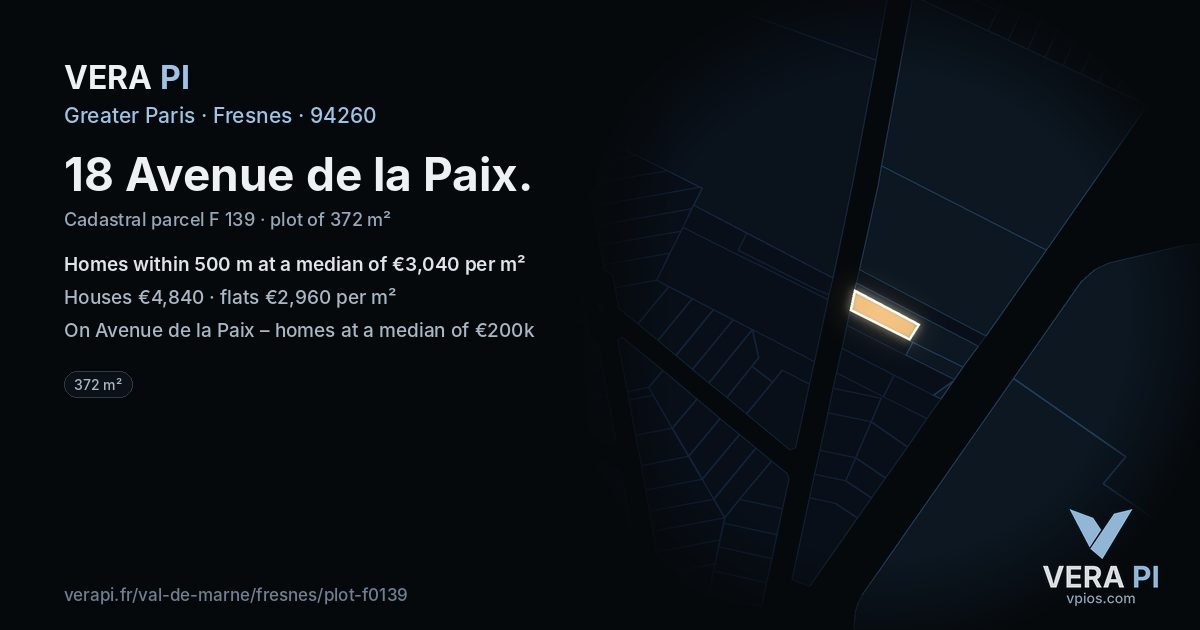 18 Avenue de la Paix, Fresnes at night – the plot lit, the parcels around coloured by the prices near them