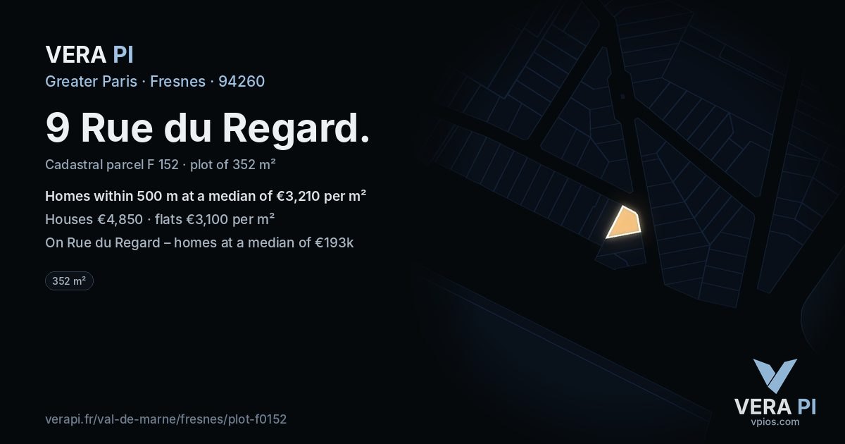9 Rue du Regard, Fresnes at night – the plot lit, the parcels around coloured by the prices near them