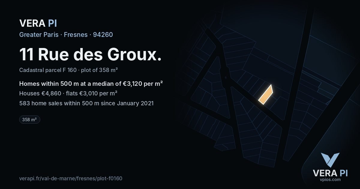 11 Rue des Groux, Fresnes at night – the plot lit, the parcels around coloured by the prices near them