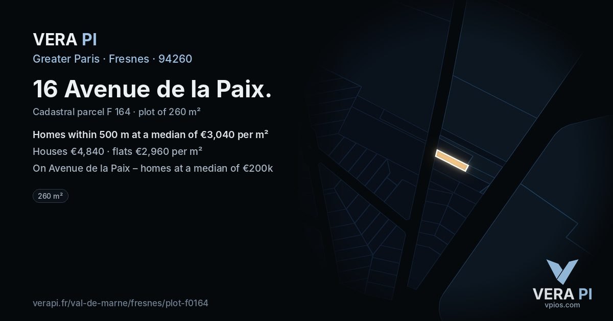 16 Avenue de la Paix, Fresnes at night – the plot lit, the parcels around coloured by the prices near them