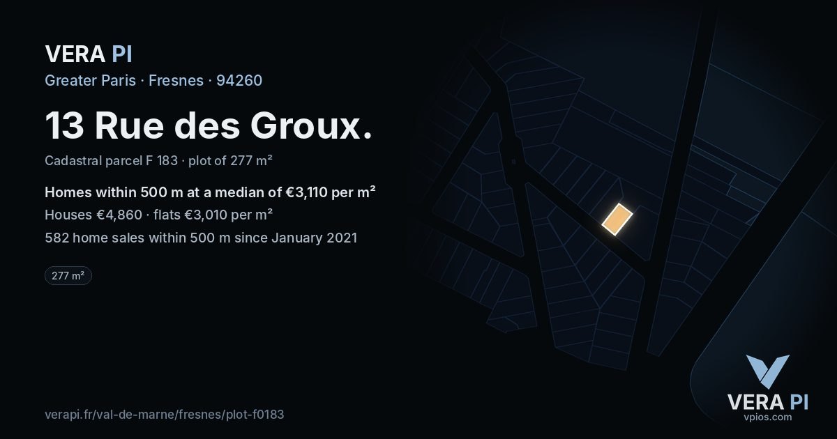 13 Rue des Groux, Fresnes at night – the plot lit, the parcels around coloured by the prices near them
