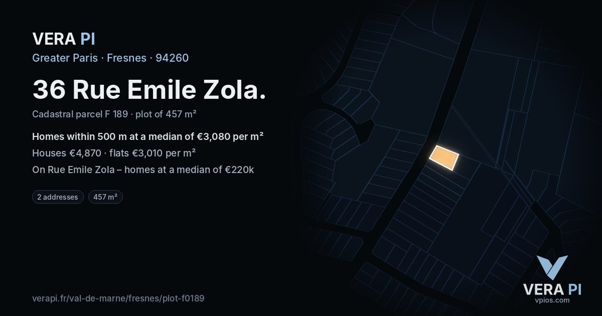 36 Rue Emile Zola, Fresnes at night – the plot lit, the parcels around coloured by the prices near them