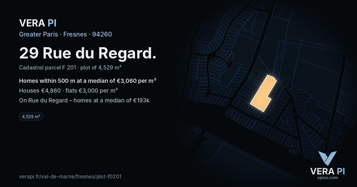 29 Rue du Regard, Fresnes at night – the plot lit, the parcels around coloured by the prices near them