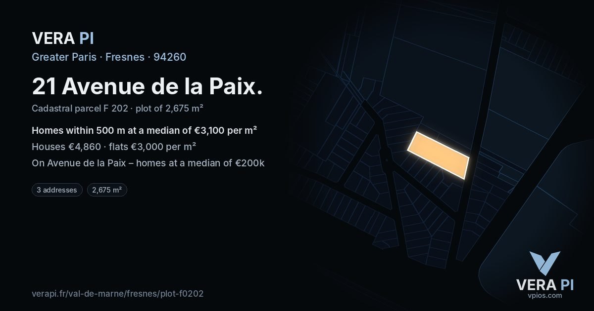 21 Avenue de la Paix, Fresnes at night – the plot lit, the parcels around coloured by the prices near them