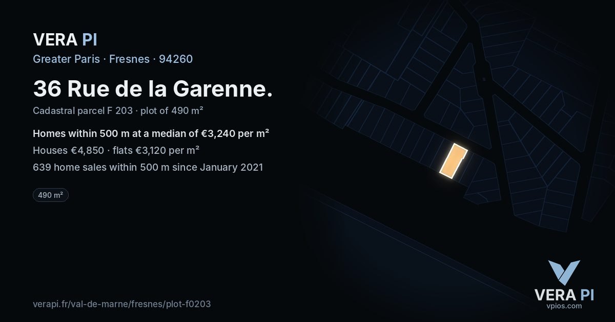 36 Rue de la Garenne, Fresnes at night – the plot lit, the parcels around coloured by the prices near them