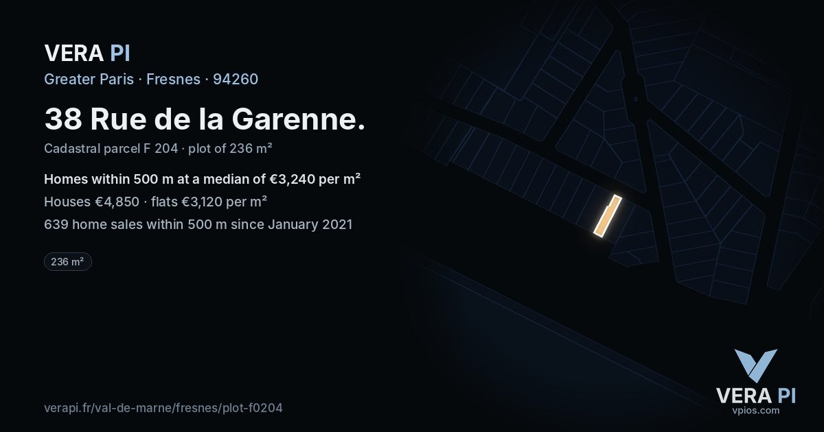 38 Rue de la Garenne, Fresnes at night – the plot lit, the parcels around coloured by the prices near them