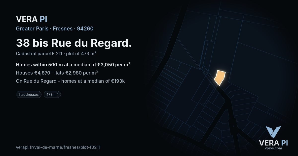 38 bis Rue du Regard, Fresnes at night – the plot lit, the parcels around coloured by the prices near them