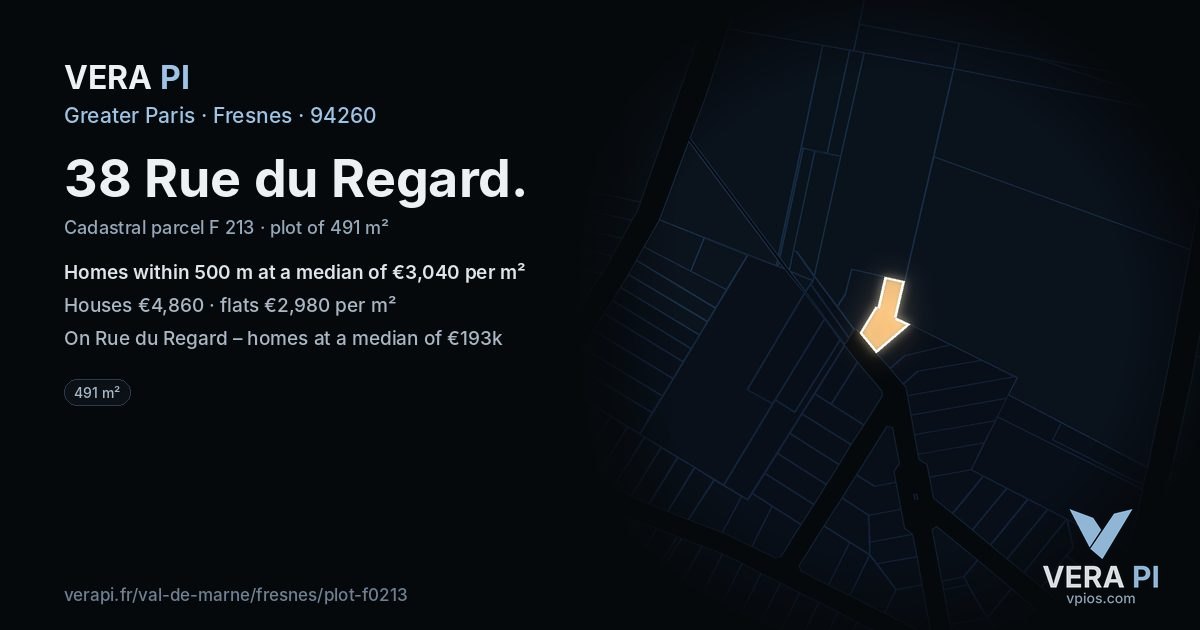 38 Rue du Regard, Fresnes at night – the plot lit, the parcels around coloured by the prices near them