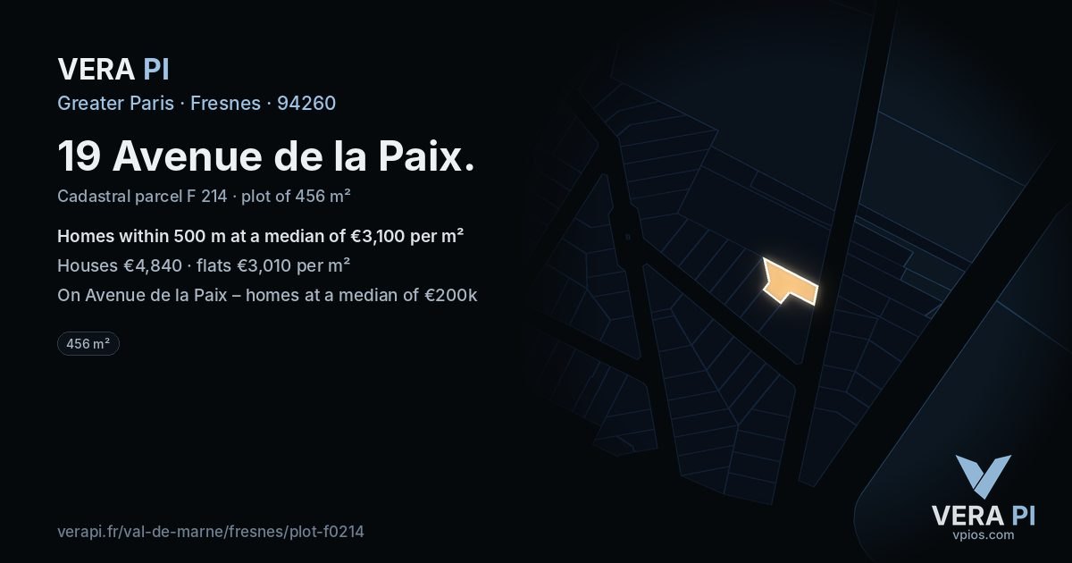 19 Avenue de la Paix, Fresnes at night – the plot lit, the parcels around coloured by the prices near them