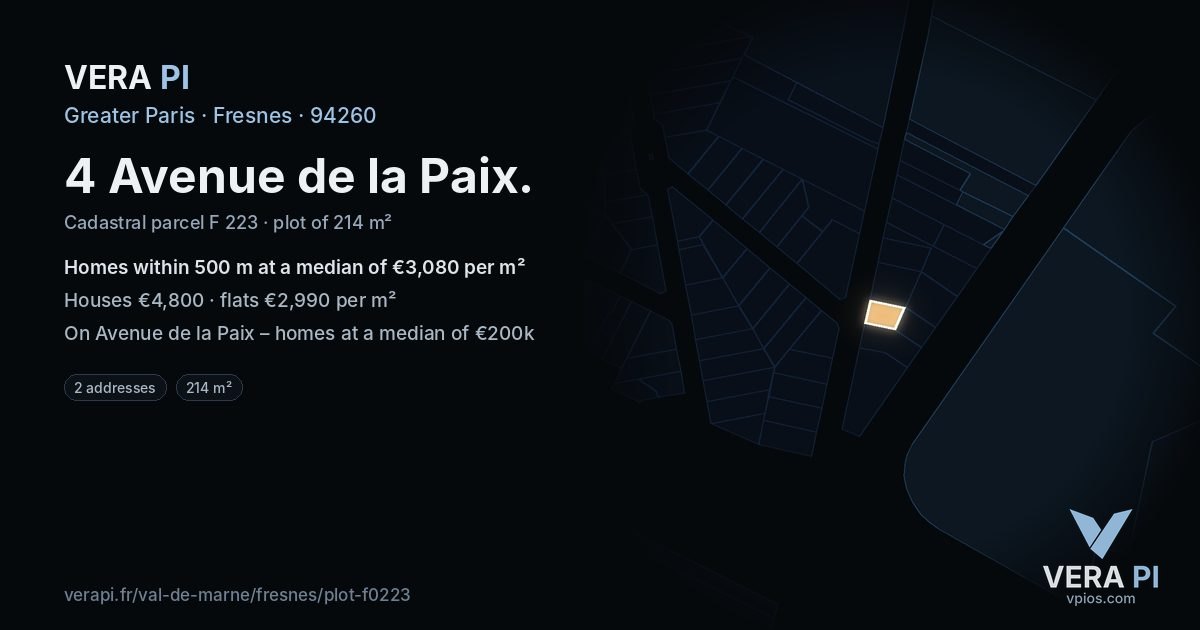 4 Avenue de la Paix, Fresnes at night – the plot lit, the parcels around coloured by the prices near them