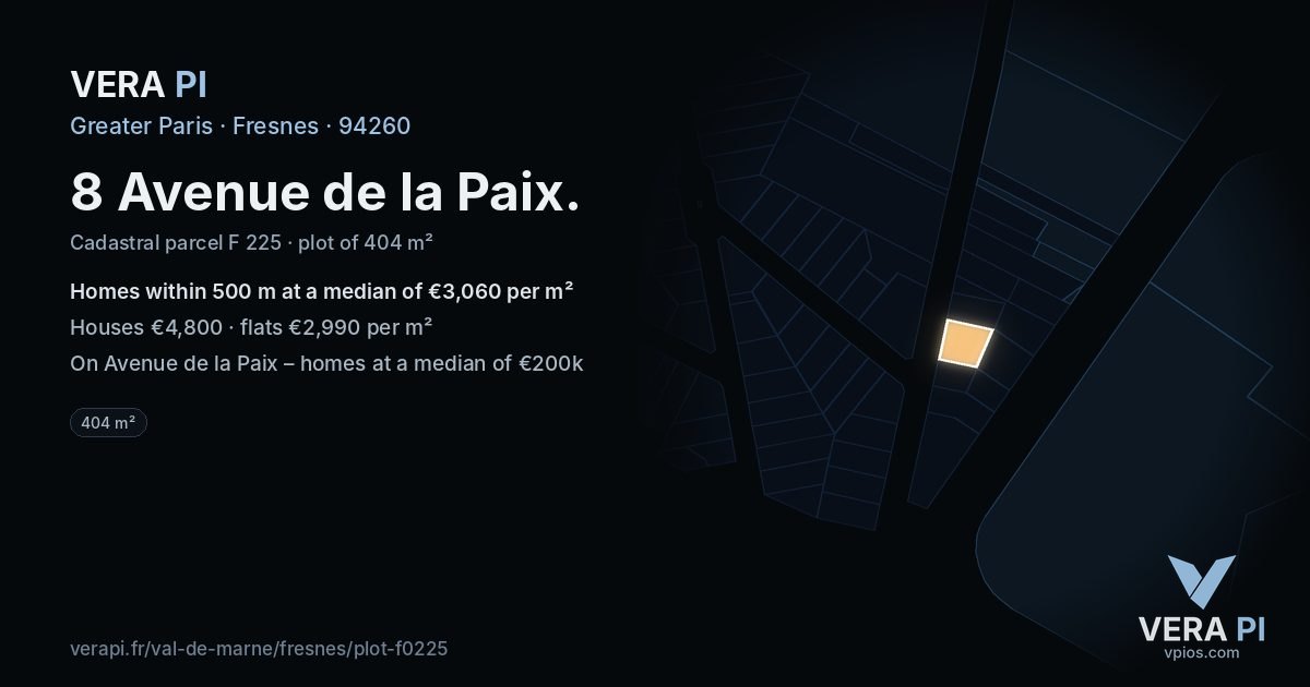 8 Avenue de la Paix, Fresnes at night – the plot lit, the parcels around coloured by the prices near them