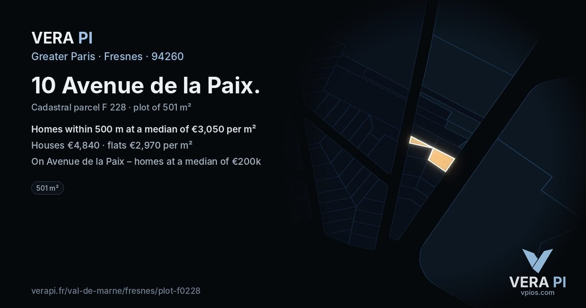 10 Avenue de la Paix, Fresnes at night – the plot lit, the parcels around coloured by the prices near them