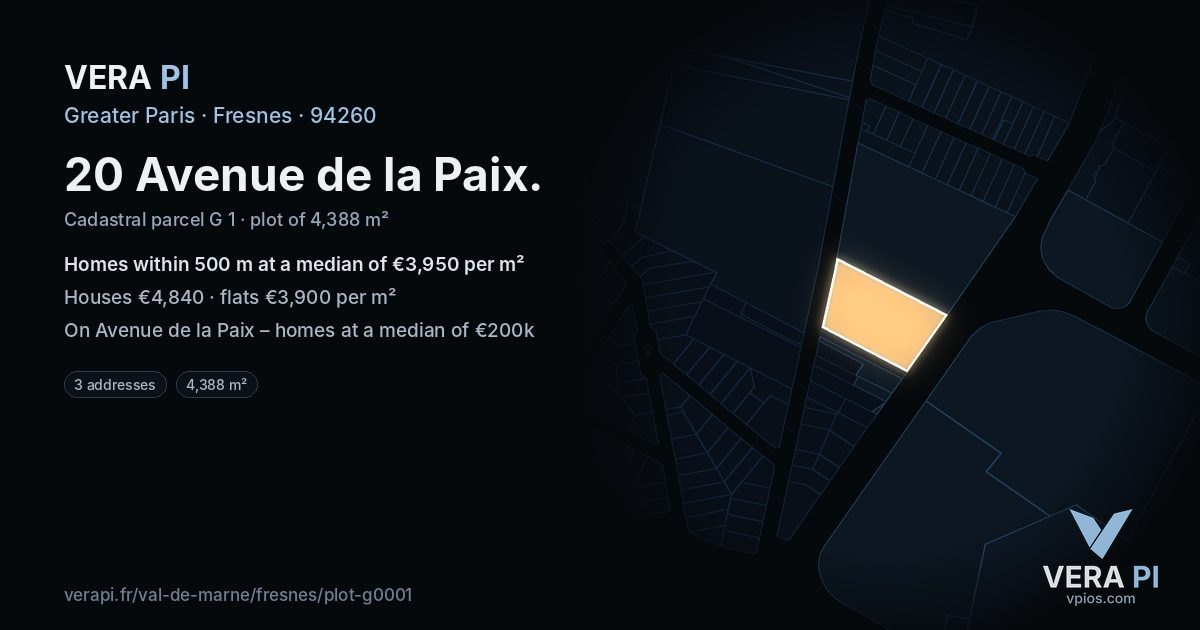 20 Avenue de la Paix, Fresnes at night – the plot lit, the parcels around coloured by the prices near them