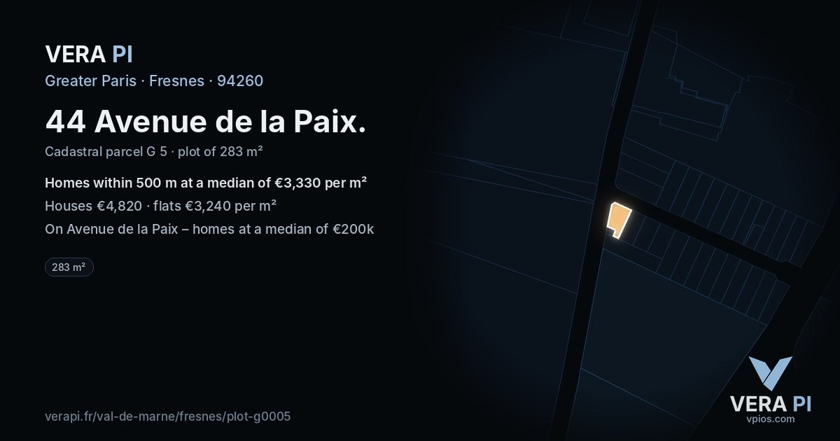 44 Avenue de la Paix, Fresnes at night – the plot lit, the parcels around coloured by the prices near them