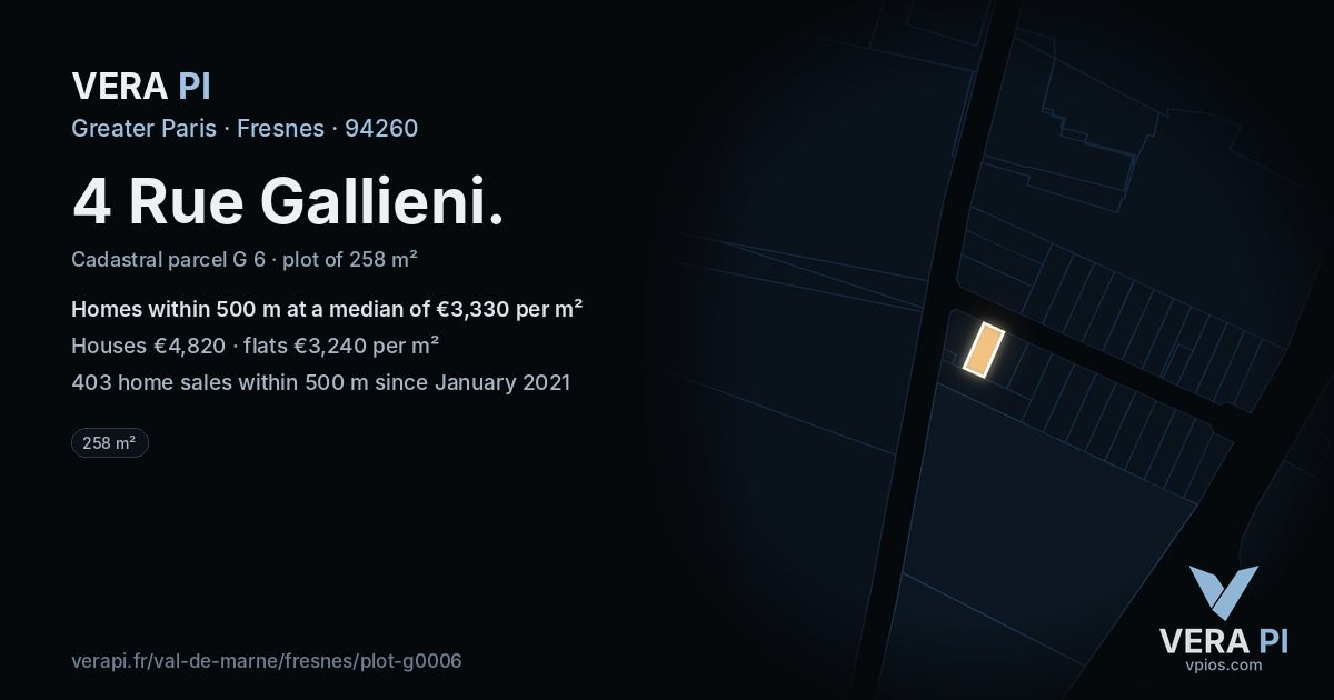 4 Rue Gallieni, Fresnes at night – the plot lit, the parcels around coloured by the prices near them