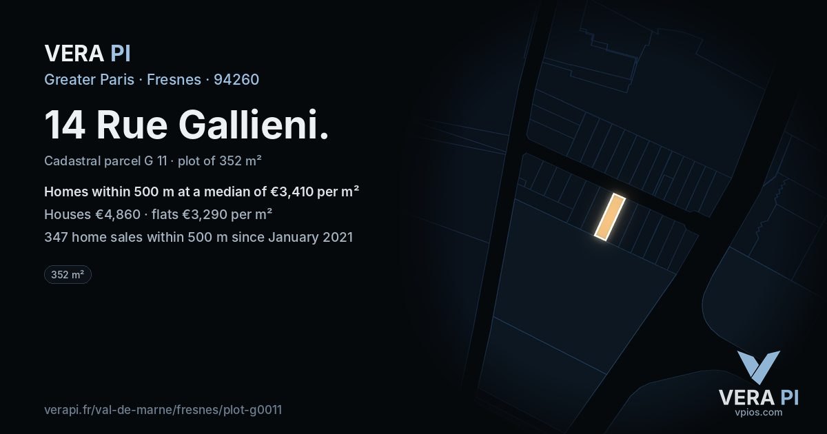 14 Rue Gallieni, Fresnes at night – the plot lit, the parcels around coloured by the prices near them