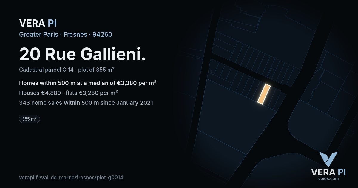 20 Rue Gallieni, Fresnes at night – the plot lit, the parcels around coloured by the prices near them