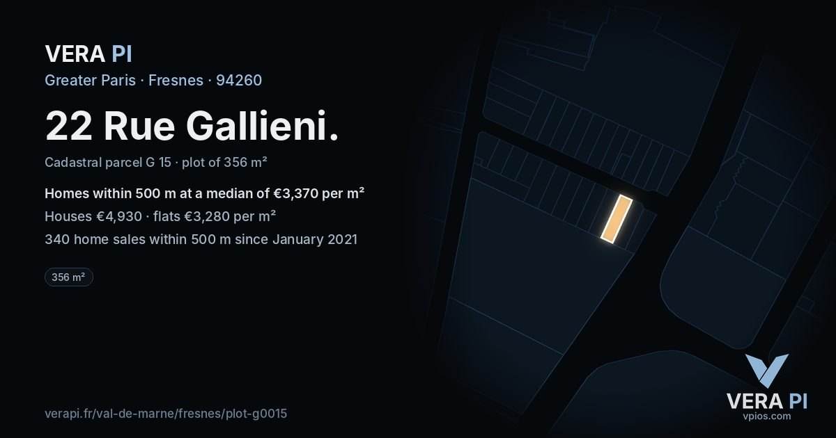 22 Rue Gallieni, Fresnes at night – the plot lit, the parcels around coloured by the prices near them