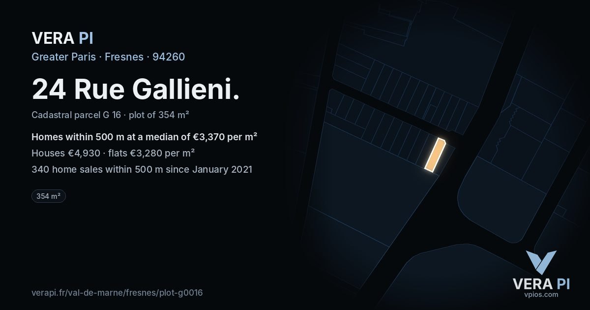24 Rue Gallieni, Fresnes at night – the plot lit, the parcels around coloured by the prices near them