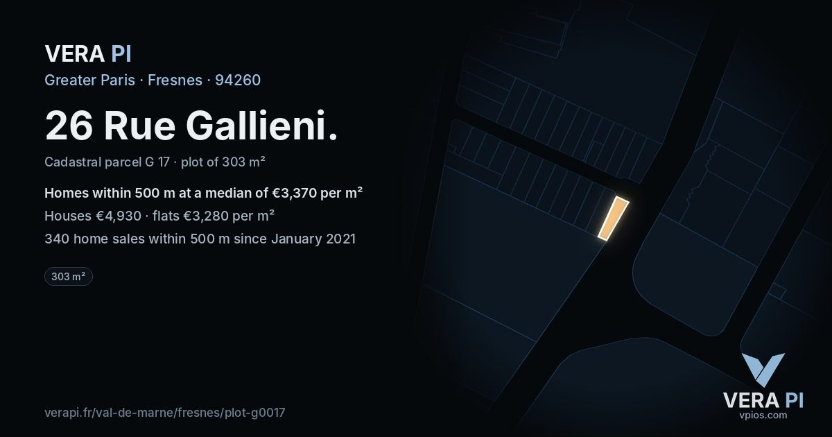 26 Rue Gallieni, Fresnes at night – the plot lit, the parcels around coloured by the prices near them