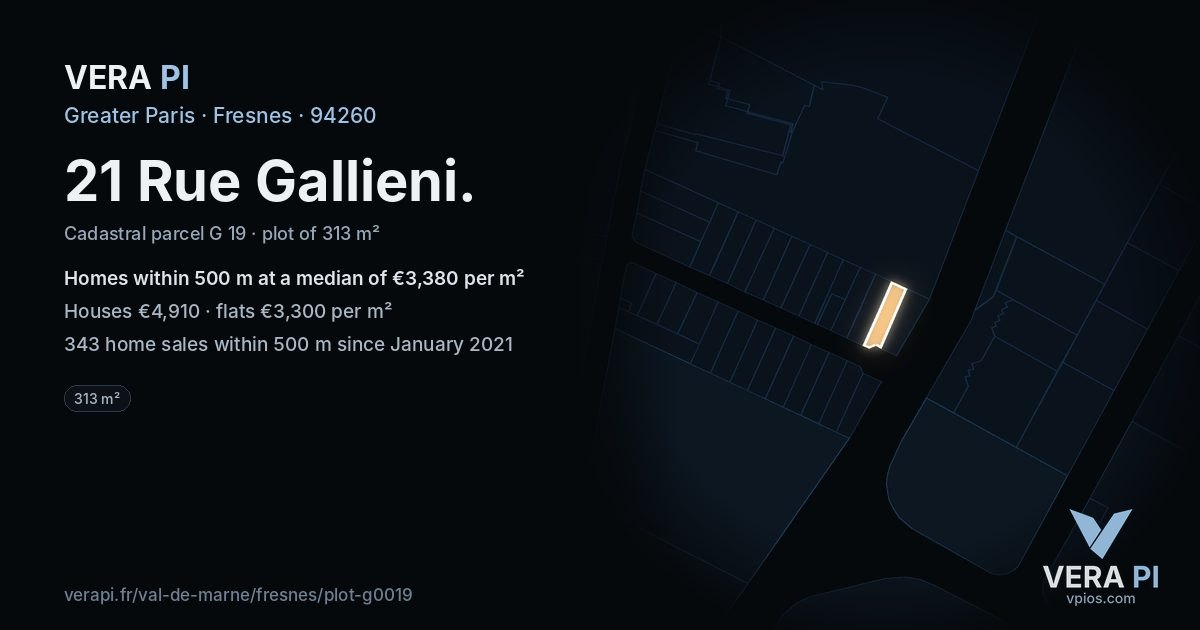 21 Rue Gallieni, Fresnes at night – the plot lit, the parcels around coloured by the prices near them