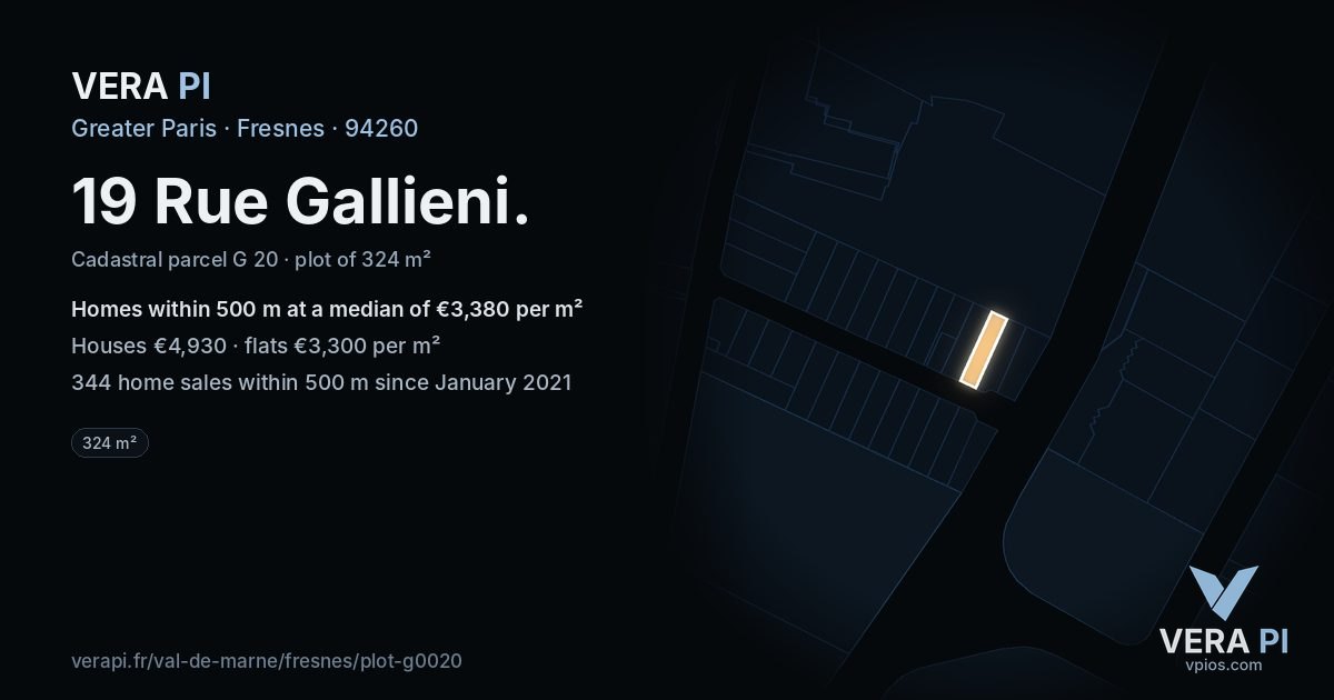 19 Rue Gallieni, Fresnes at night – the plot lit, the parcels around coloured by the prices near them