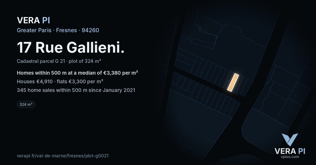 17 Rue Gallieni, Fresnes at night – the plot lit, the parcels around coloured by the prices near them
