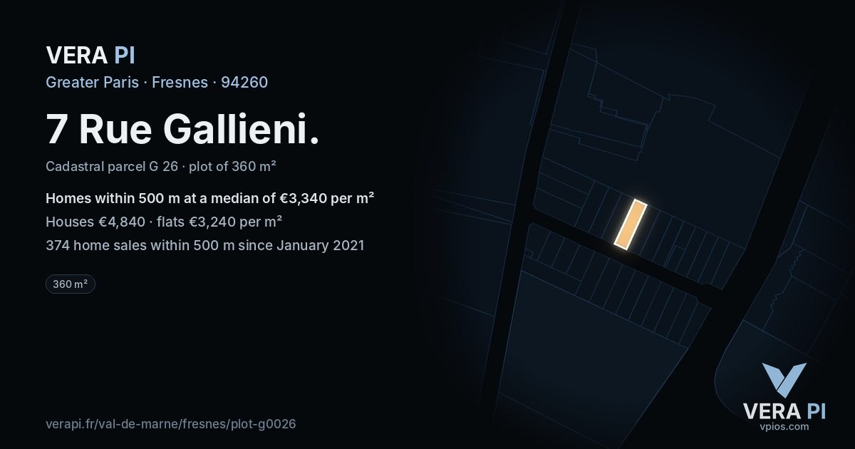 7 Rue Gallieni, Fresnes at night – the plot lit, the parcels around coloured by the prices near them