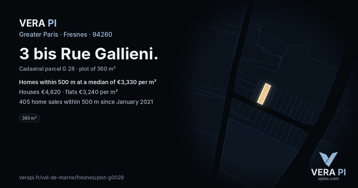 3 bis Rue Gallieni, Fresnes at night – the plot lit, the parcels around coloured by the prices near them