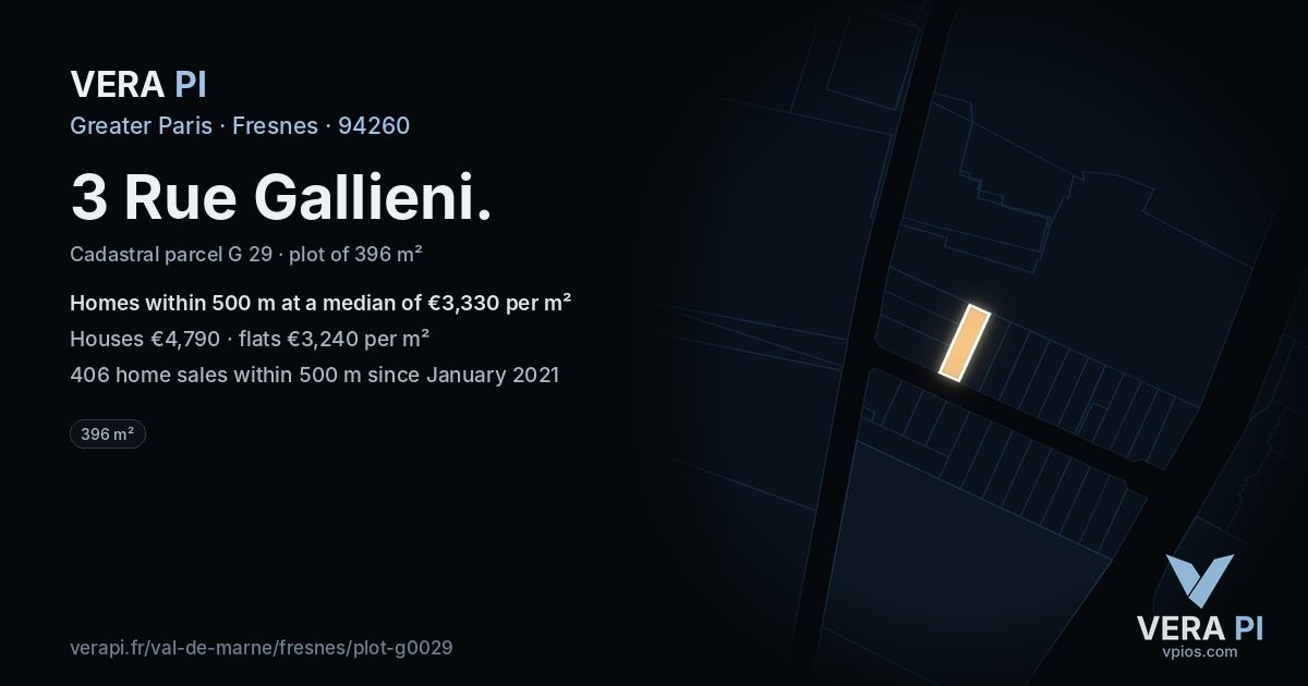 3 Rue Gallieni, Fresnes at night – the plot lit, the parcels around coloured by the prices near them