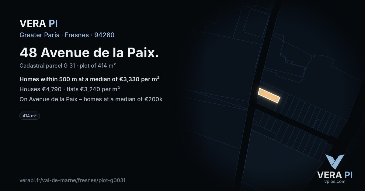 48 Avenue de la Paix, Fresnes at night – the plot lit, the parcels around coloured by the prices near them