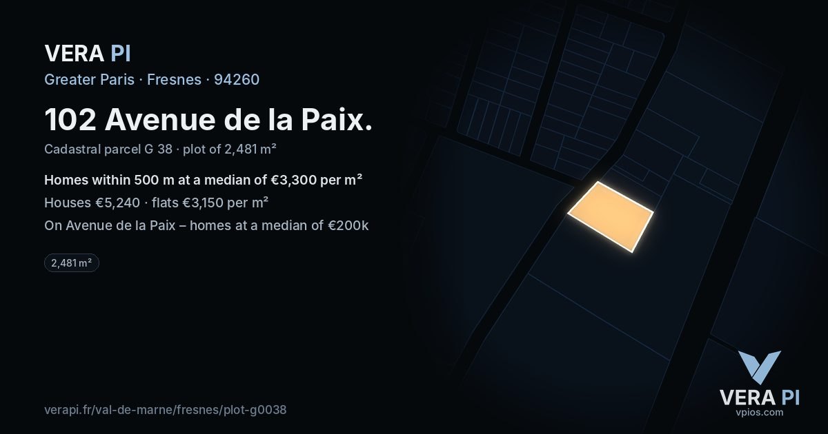 102 Avenue de la Paix, Fresnes at night – the plot lit, the parcels around coloured by the prices near them