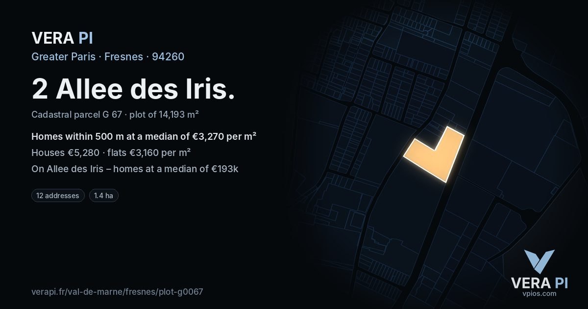 2 Allee des Iris, Fresnes at night – the plot lit, the parcels around coloured by the prices near them