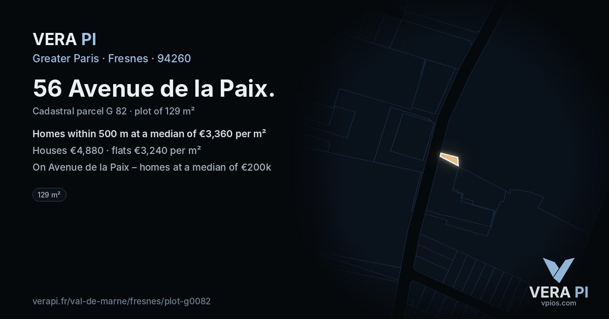 56 Avenue de la Paix, Fresnes at night – the plot lit, the parcels around coloured by the prices near them
