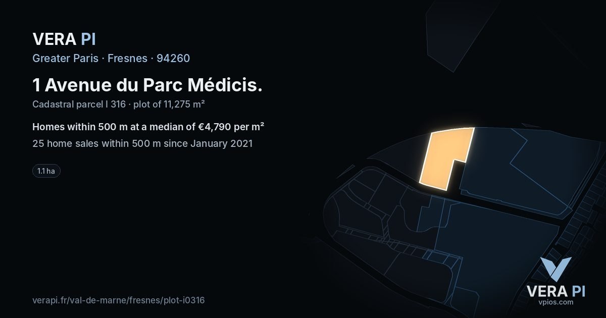 1 Avenue du Parc Médicis, Fresnes at night – the plot lit, the parcels around coloured by the prices near them