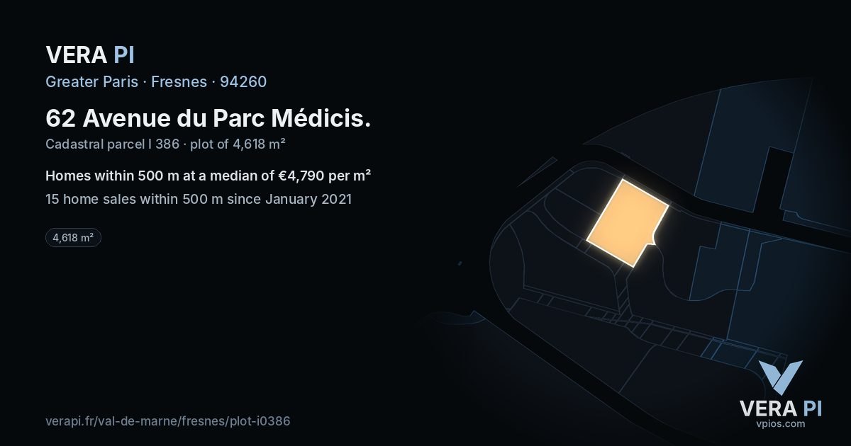 62 Avenue du Parc Médicis, Fresnes at night – the plot lit, the parcels around coloured by the prices near them